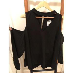 City Chic Long Sleeve V Neck Shirt, 18W, Cold Shoulder, Black, Sexy Top
